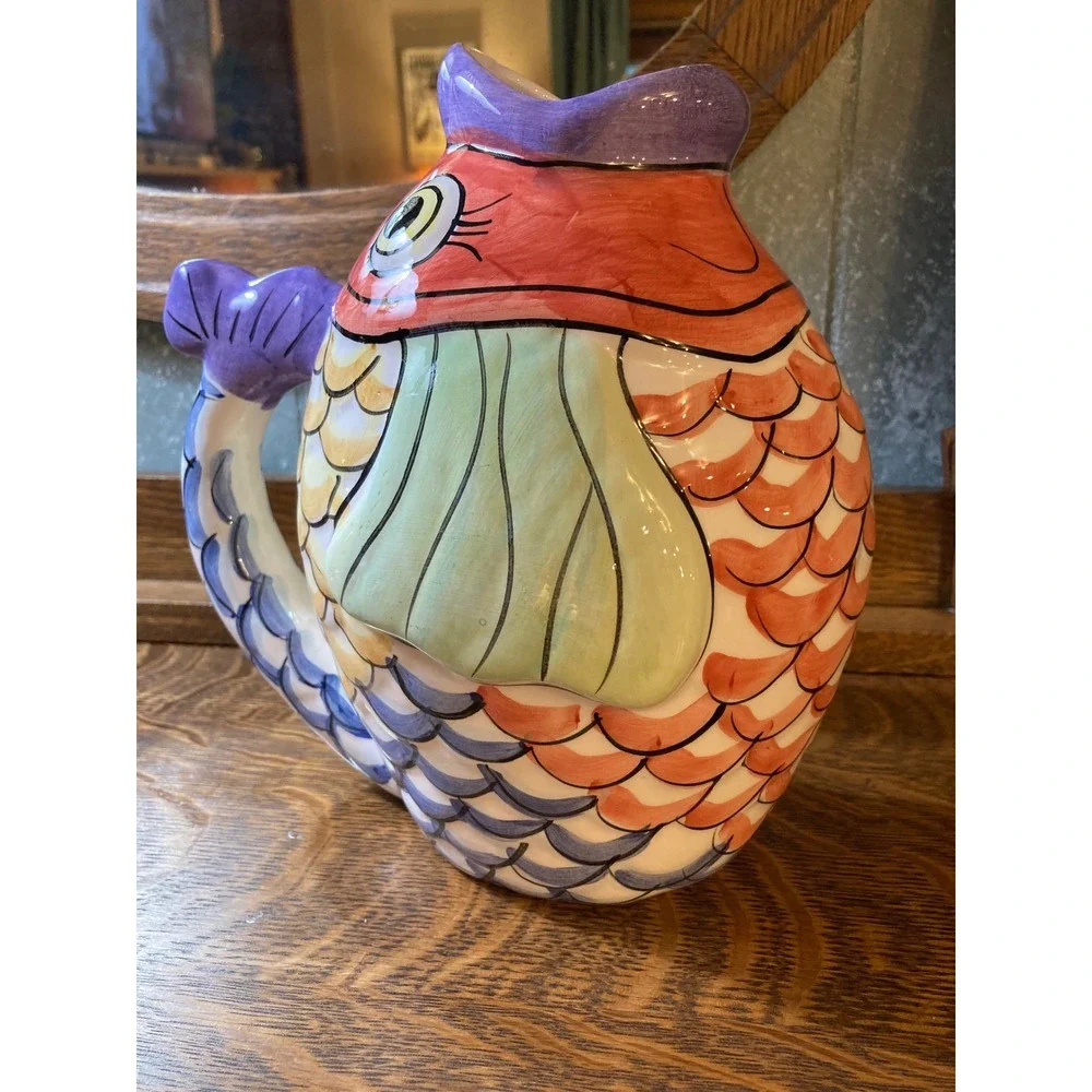 Hand Painted Ceramic Fish Pitcher Whimsical Coastal Decorative Vase Multicolor